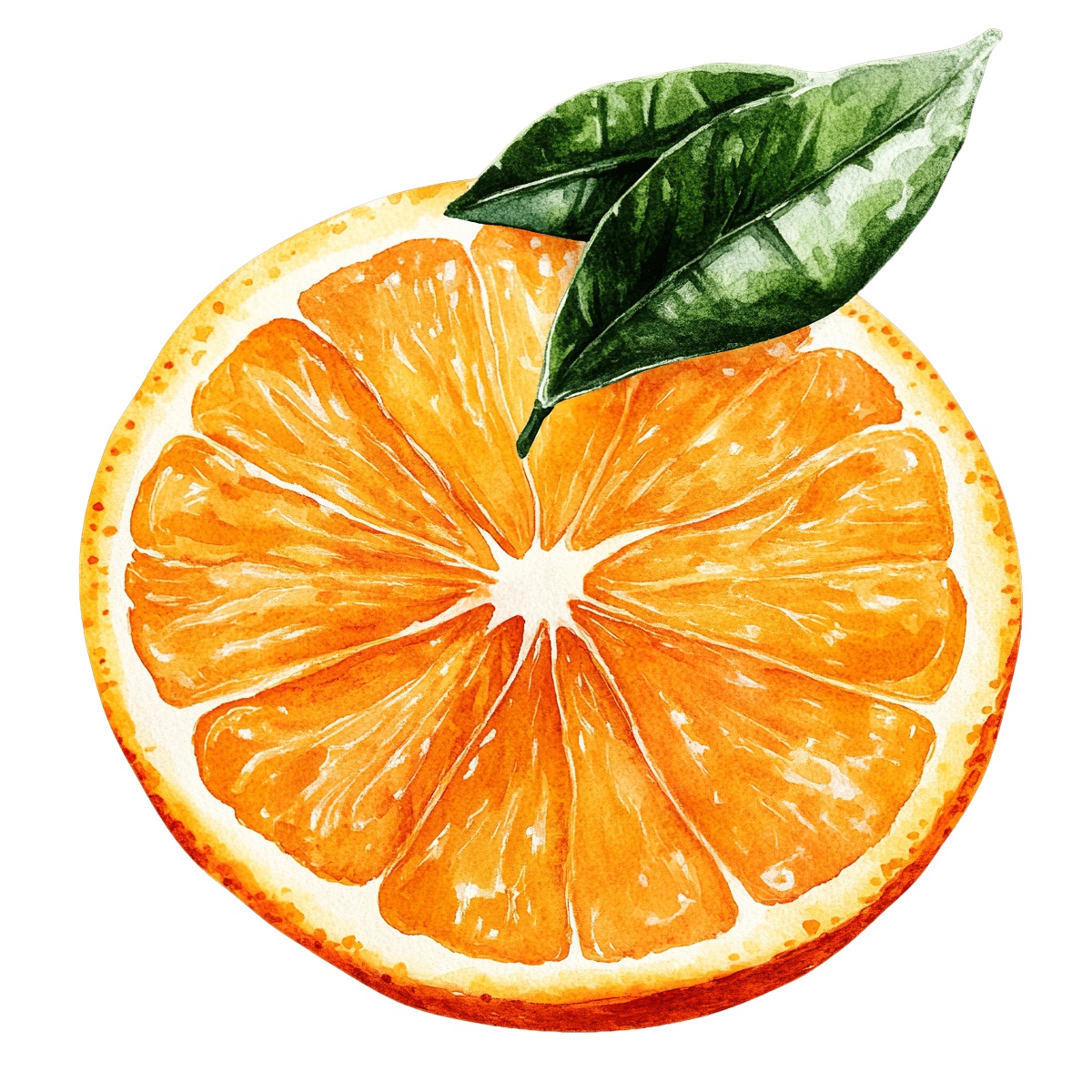 Watercolor orange slice with green leaves.