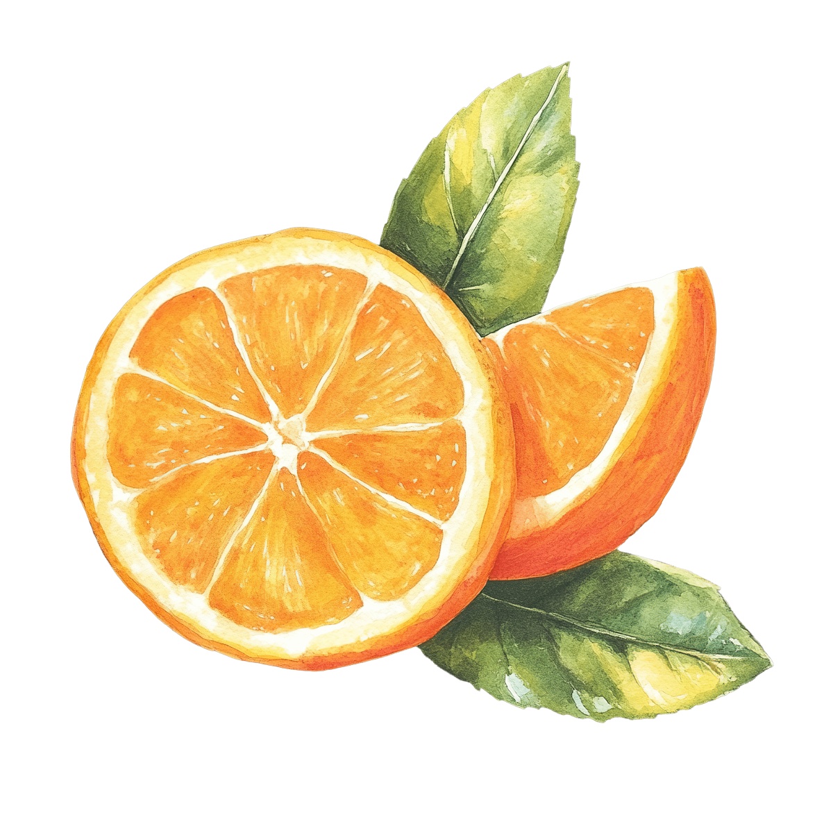 Watercolor orange slices with green leaves.