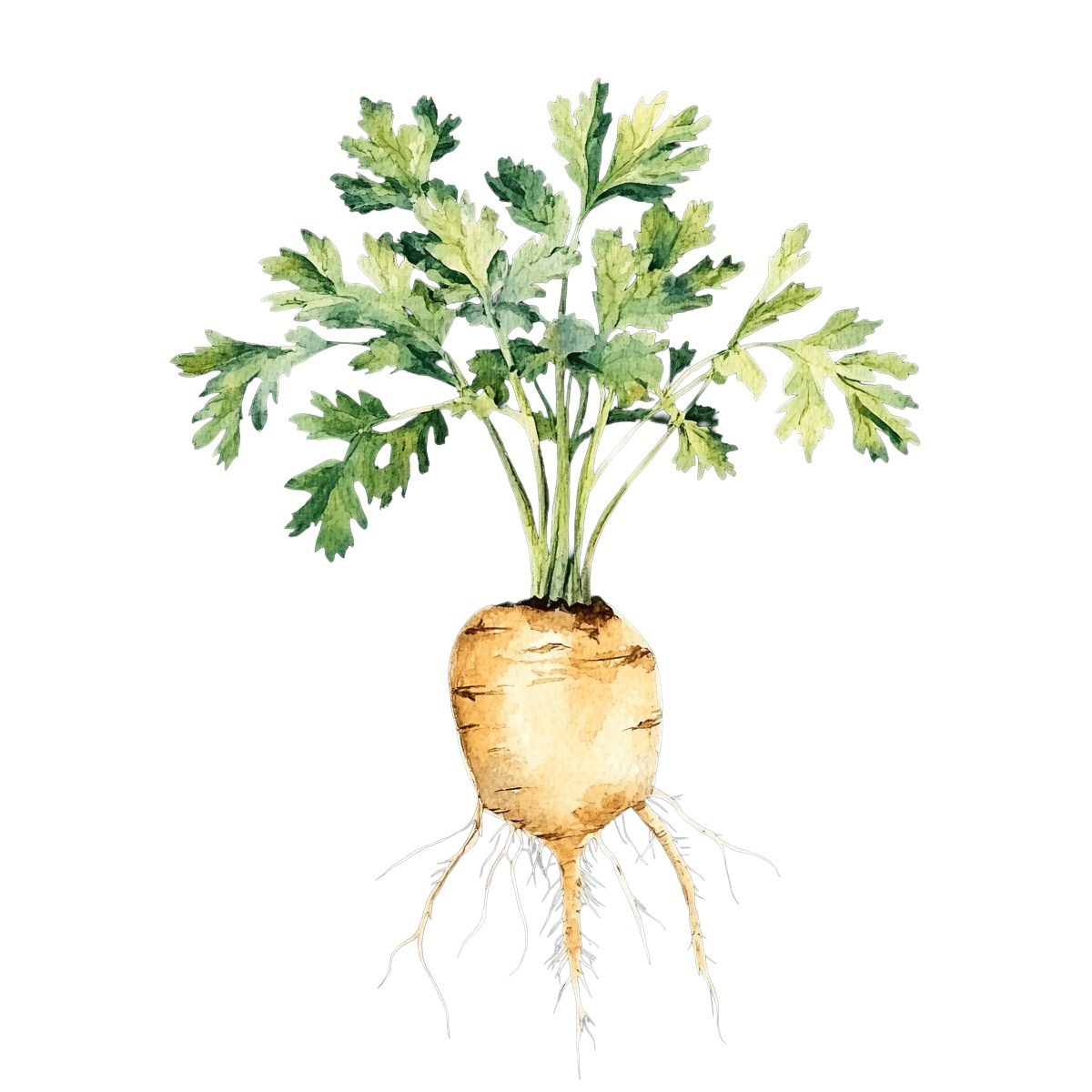 Watercolor parsnip with green leaves and roots.