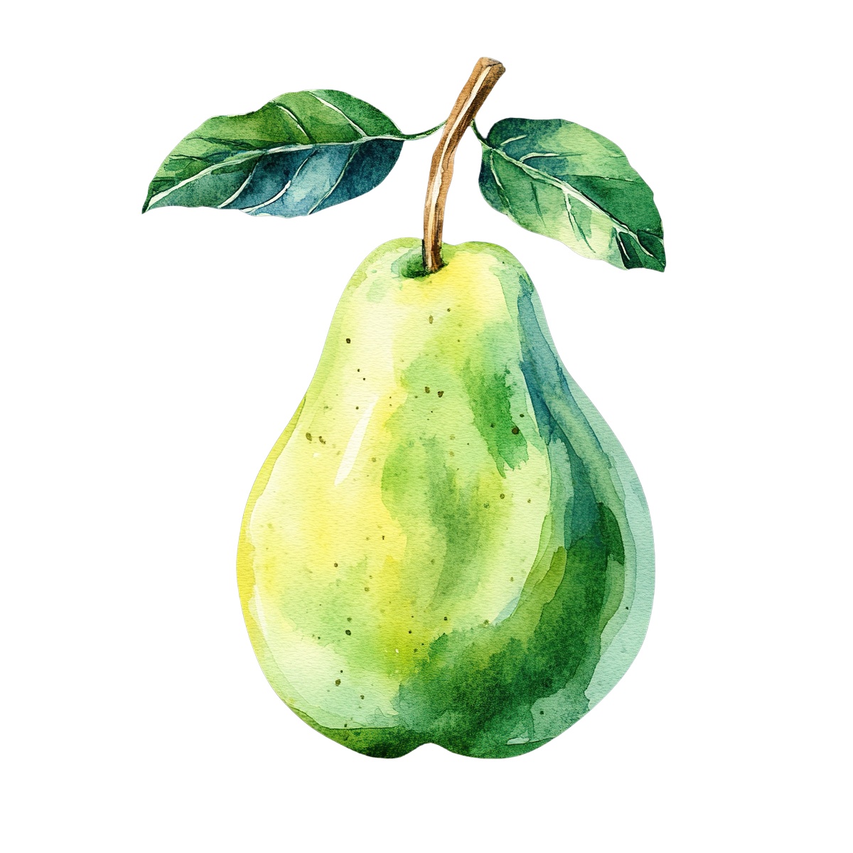 Watercolor pear with green leaves and brown stem.