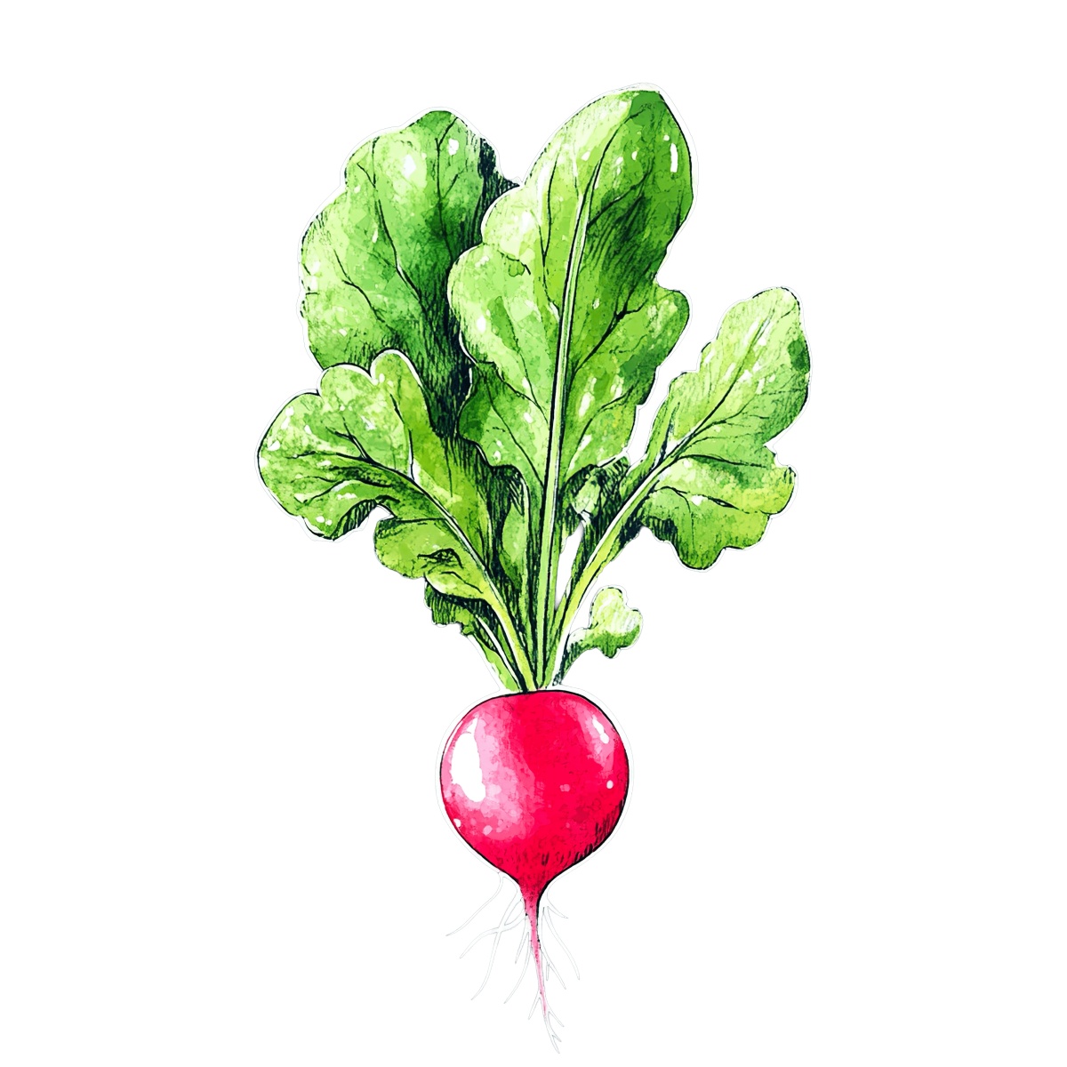 Watercolor radish with green leaves.