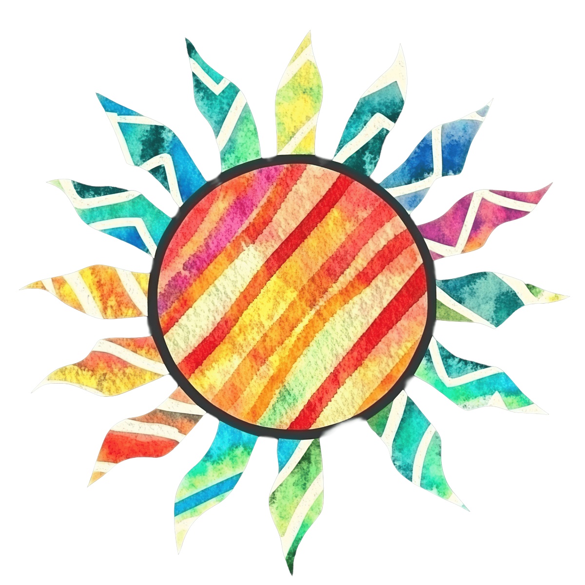 Bright watercolor sun with multi-colored zigzag rays on a black base.