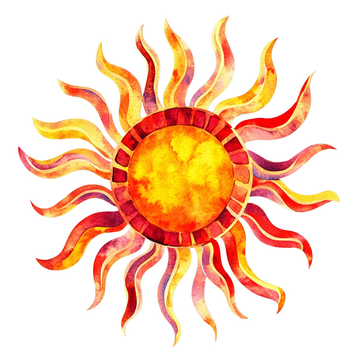Decorative watercolor sun with vibrant radiating rays on a dark background.