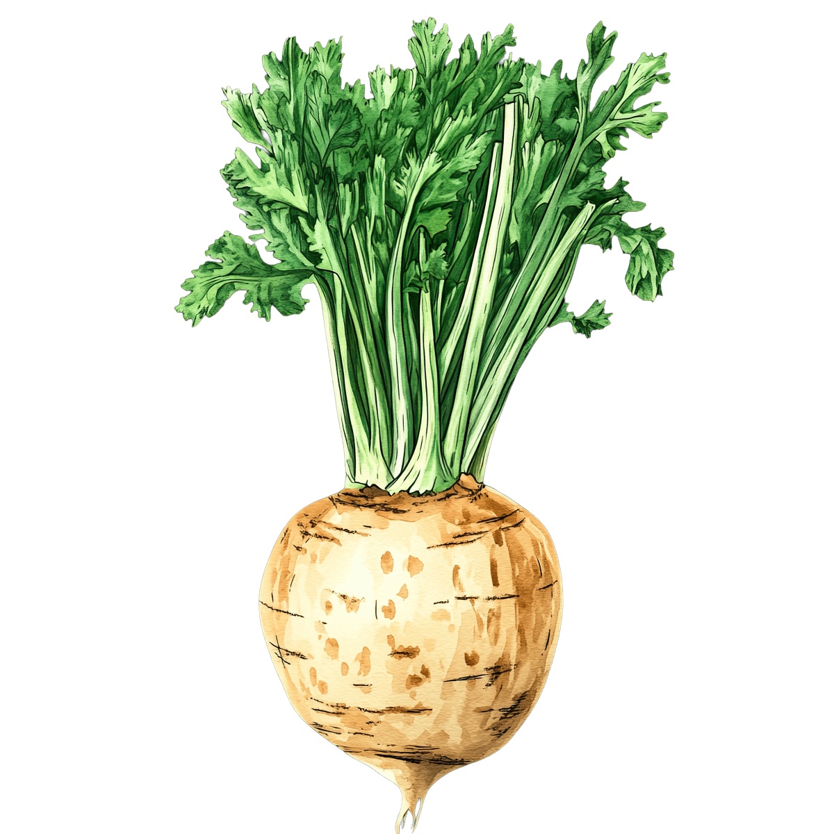 Watercolor turnip with green leaves.