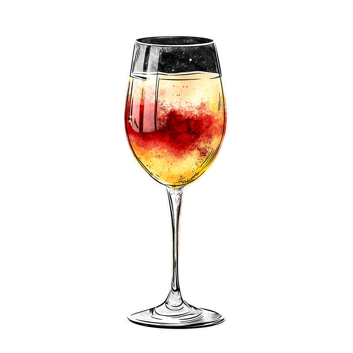 Wine glass containing red and yellow liquid.