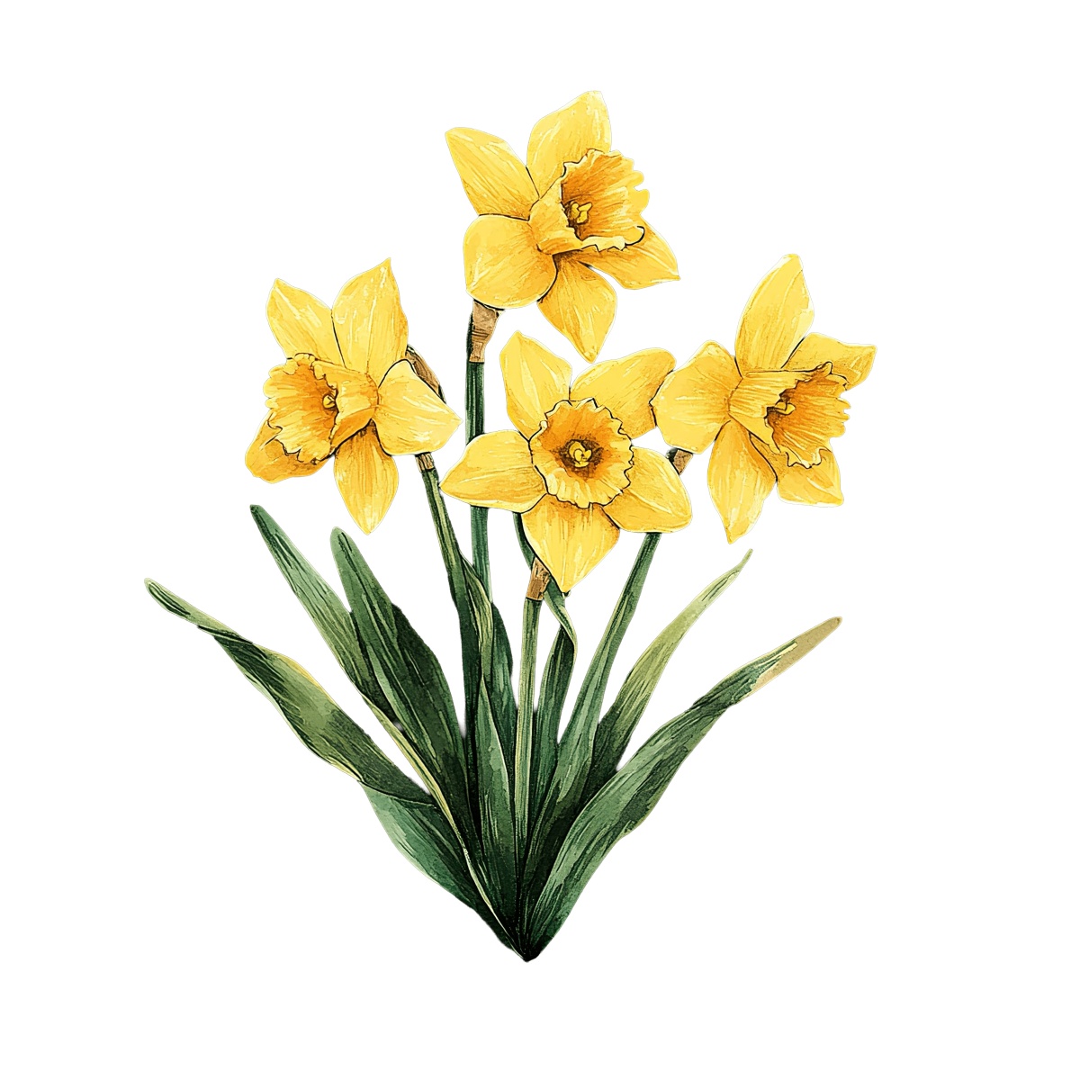 Yellow daffodil flowers with green leaves on a black background.