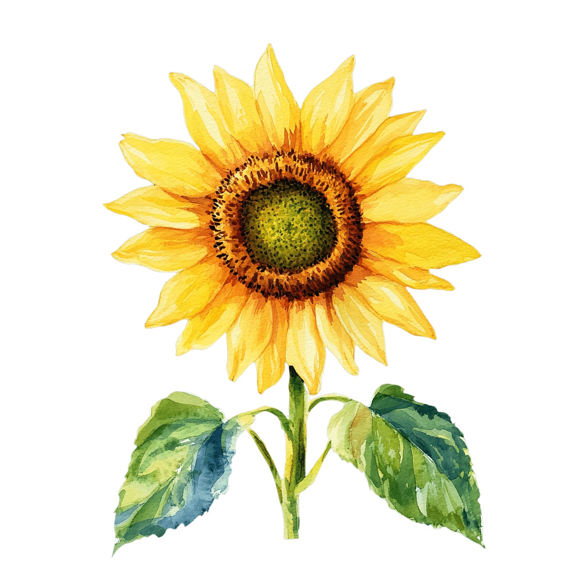 Watercolor illustration of a yellow sunflower with green leaves on black.