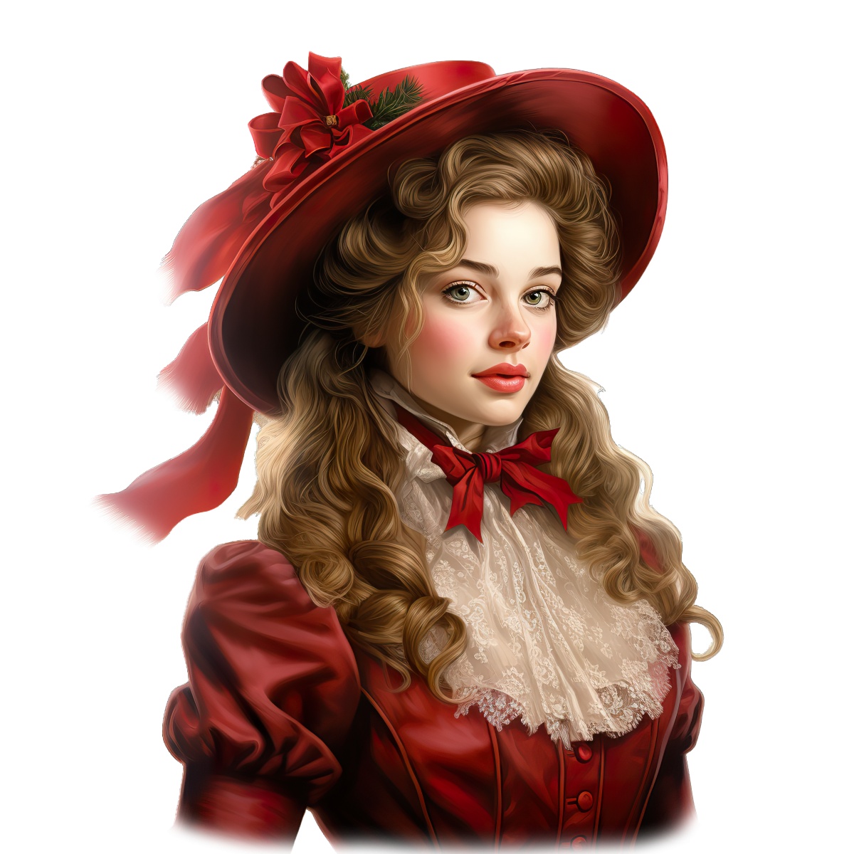Victorian-inspired woman wearing a red hat with ribbons and lace blouse.