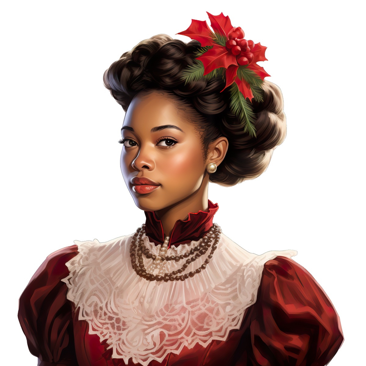A Victorian-inspired woman in red with Christmas holly in her hair.