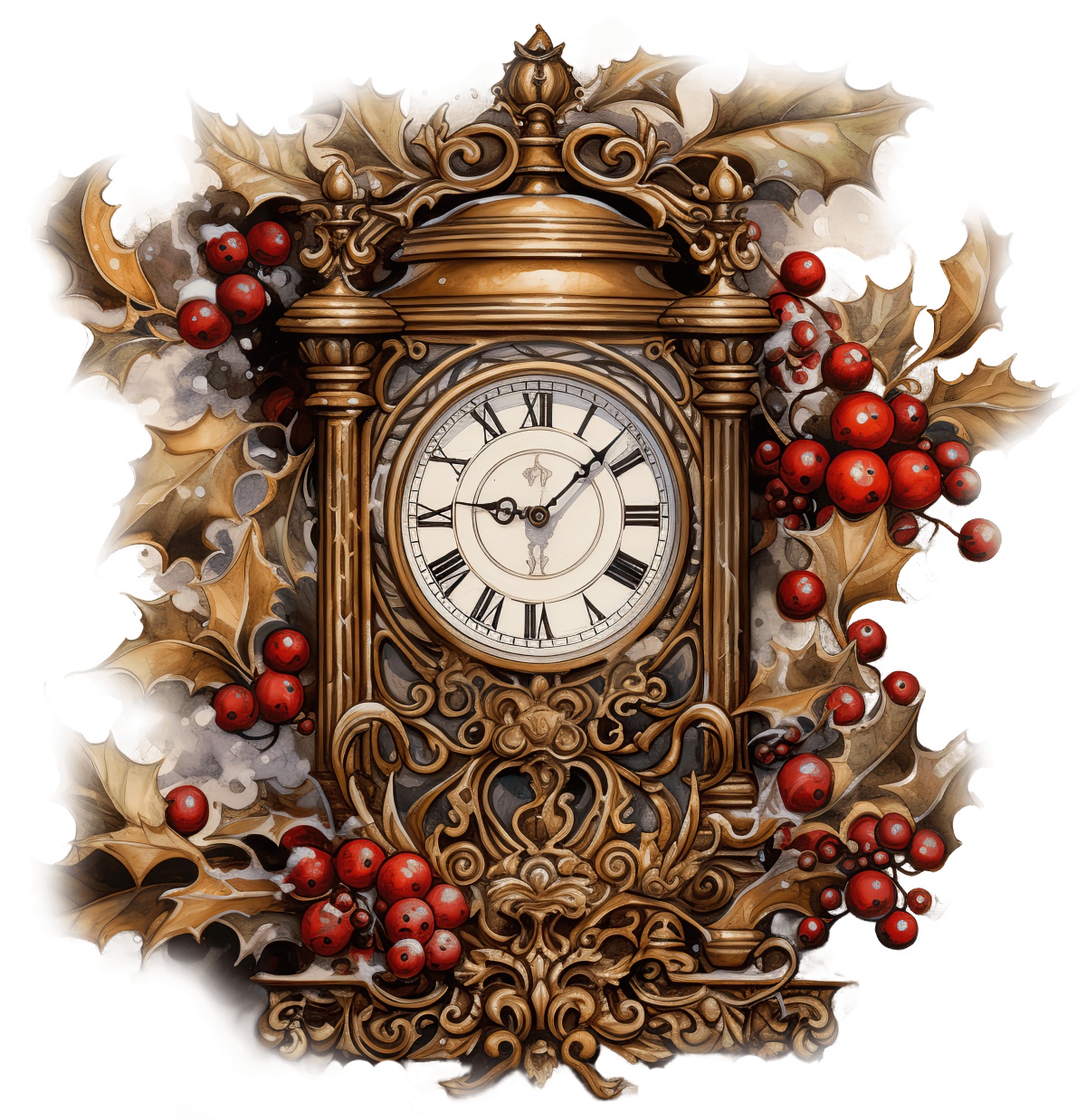 Ornate Victorian clock surrounded by holly leaves and red berries design.
