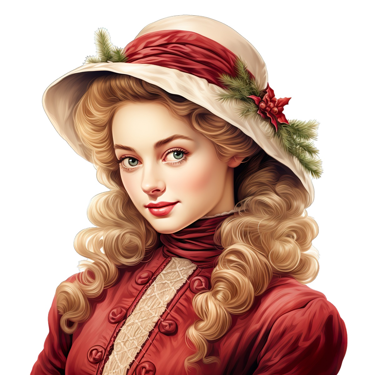 Victorian woman in red dress with festive hat and holiday decorations.