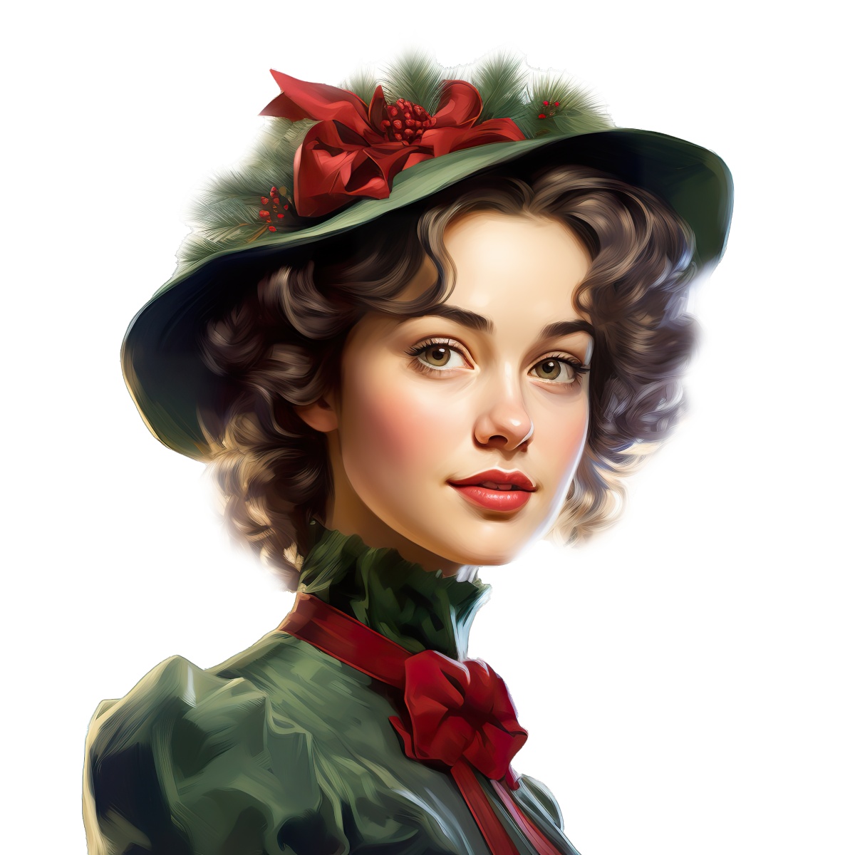 Victorian woman with green hat and red decorations in holiday theme.