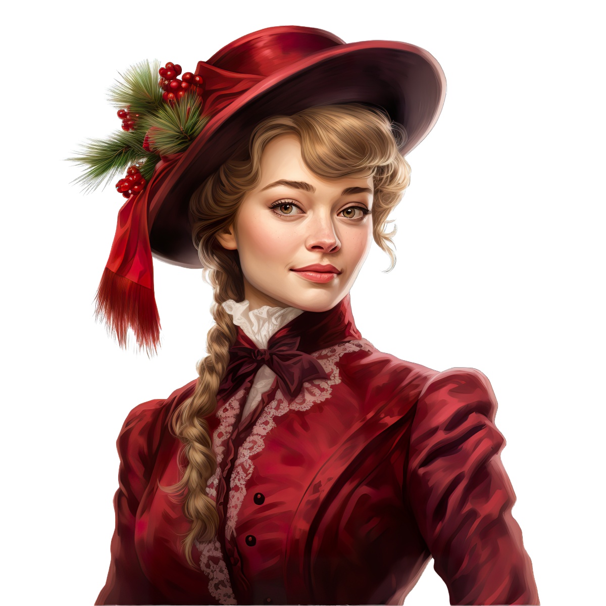 Victorian woman in red dress with festive hat, evoking holiday themes.