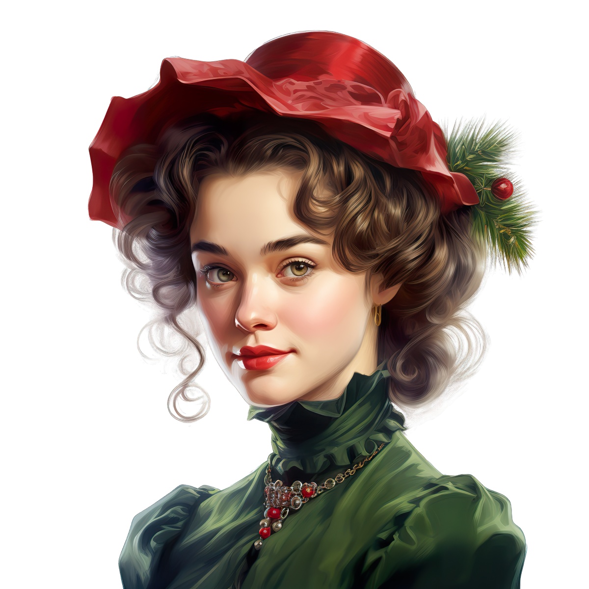 Portrait of a Victorian woman wearing a red hat with festive green decorations.