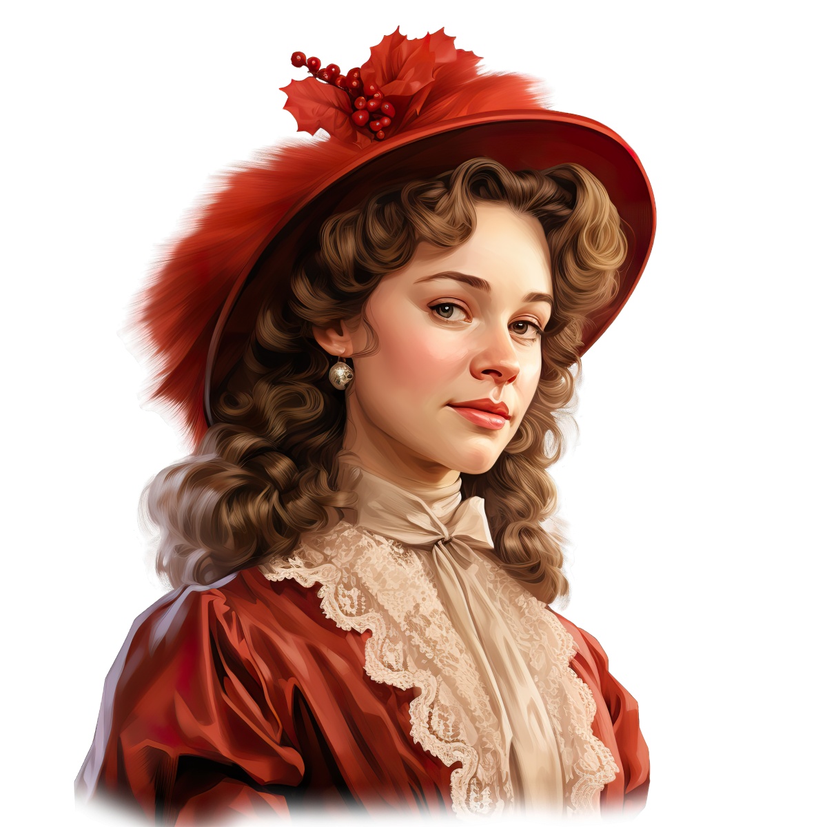 Victorian woman in red hat and lace dress, vintage style portrait.