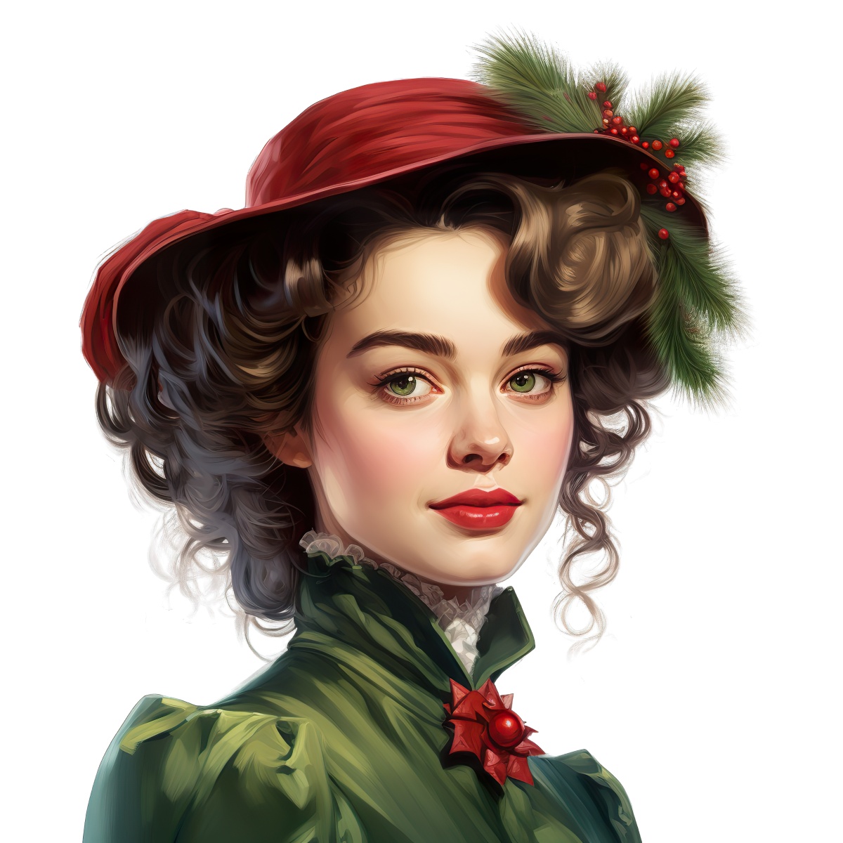 Victorian woman in a red hat and green dress with holiday decorations.