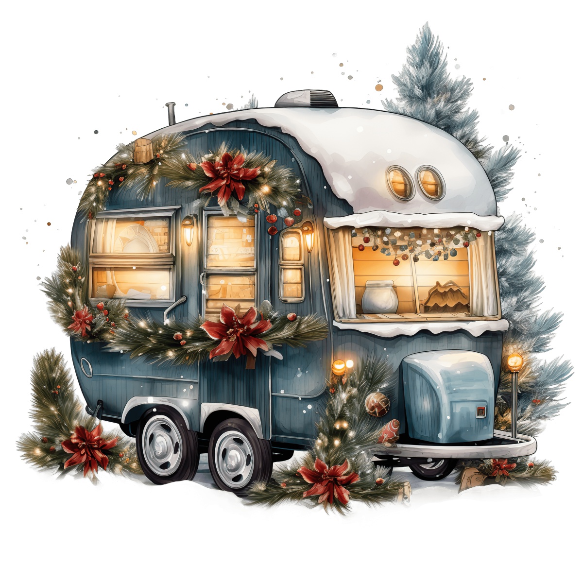 Vintage blue camper decorated with holiday wreaths and snow, festive lights on.