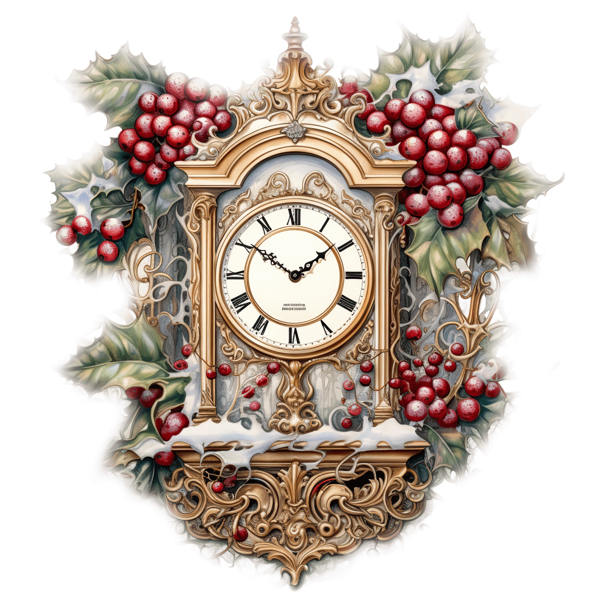 Ornate vintage clock with holly and berries decoration for holiday themes.