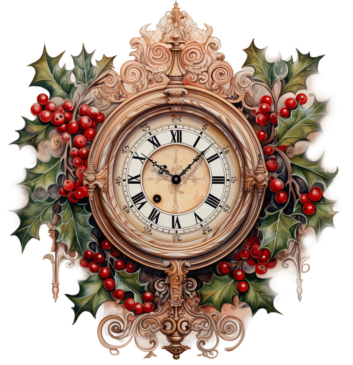 Vintage clock with holly and red berries, perfect for Christmas decor.