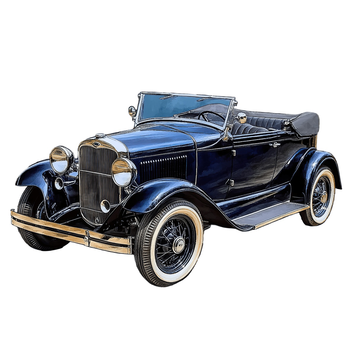 Vintage blue convertible car featuring classic design and chrome details.