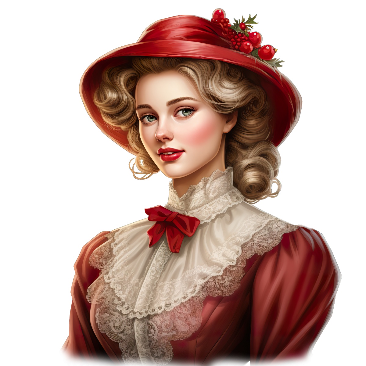 Illustration of a woman wearing a red hat and lace blouse in a vintage style.