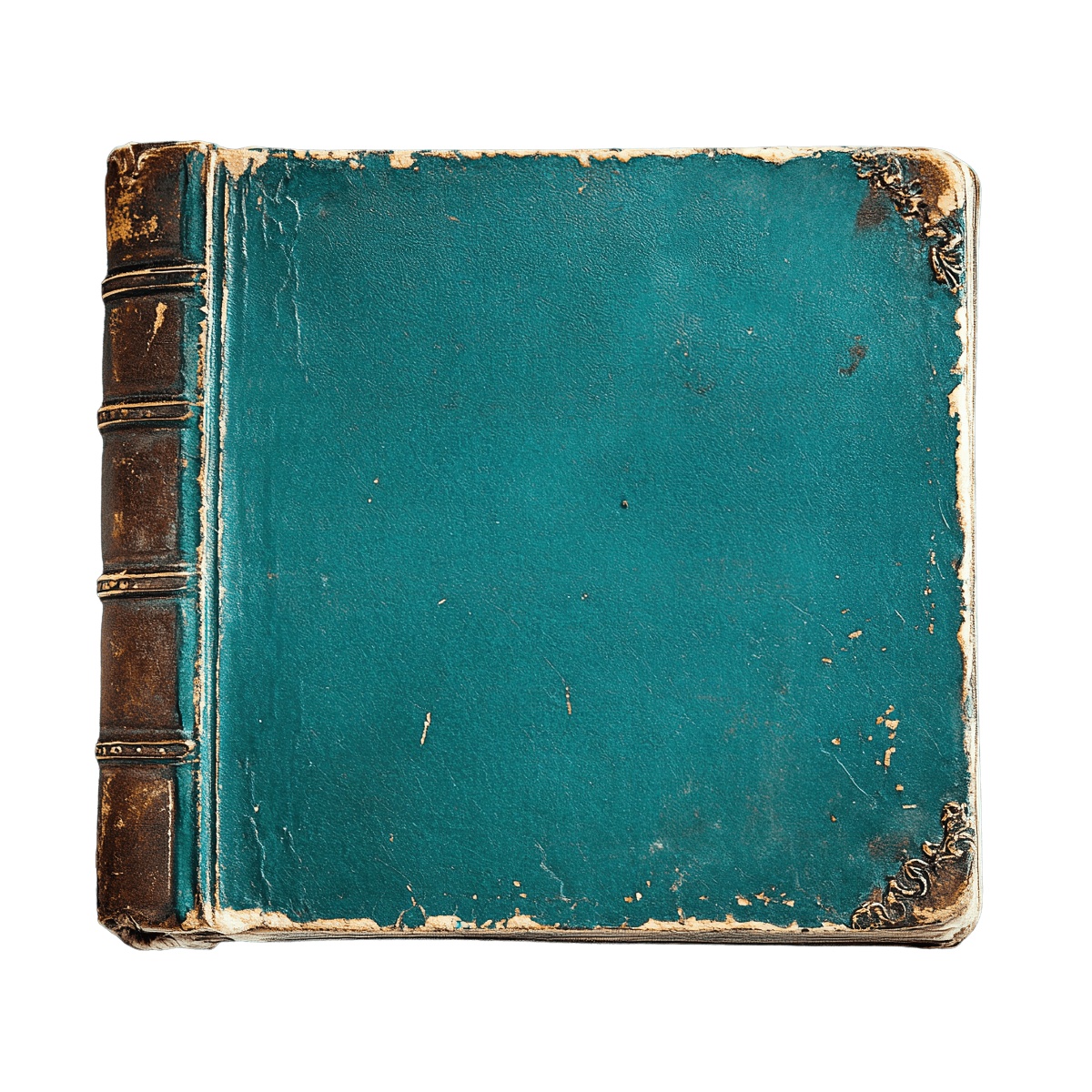 Vintage teal leather book with visible wear and aged edges against black.