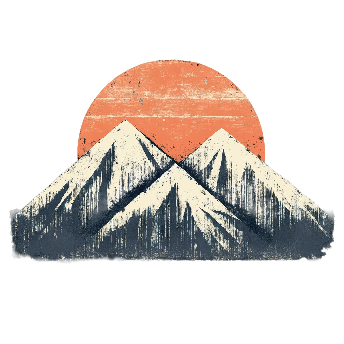 Vintage style illustration of mountains with sun rising in a distressed look.