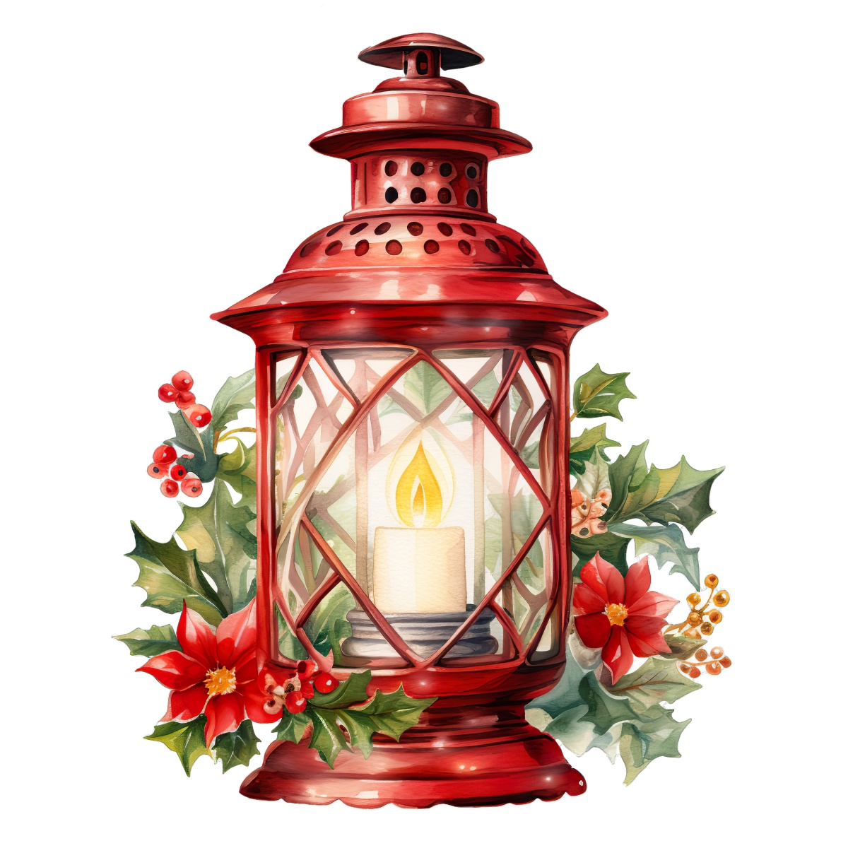 Red lantern with candle surrounded by holly and berries, festive theme.