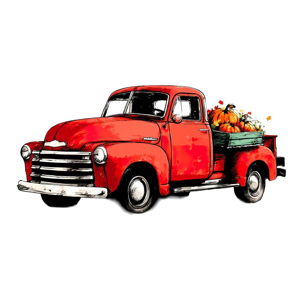 Vintage red pickup truck with pumpkins and flowers