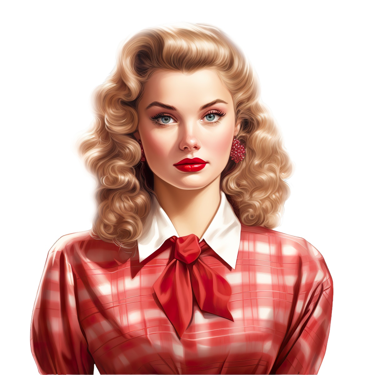 Portrait of a woman with blonde hair and red plaid shirt.