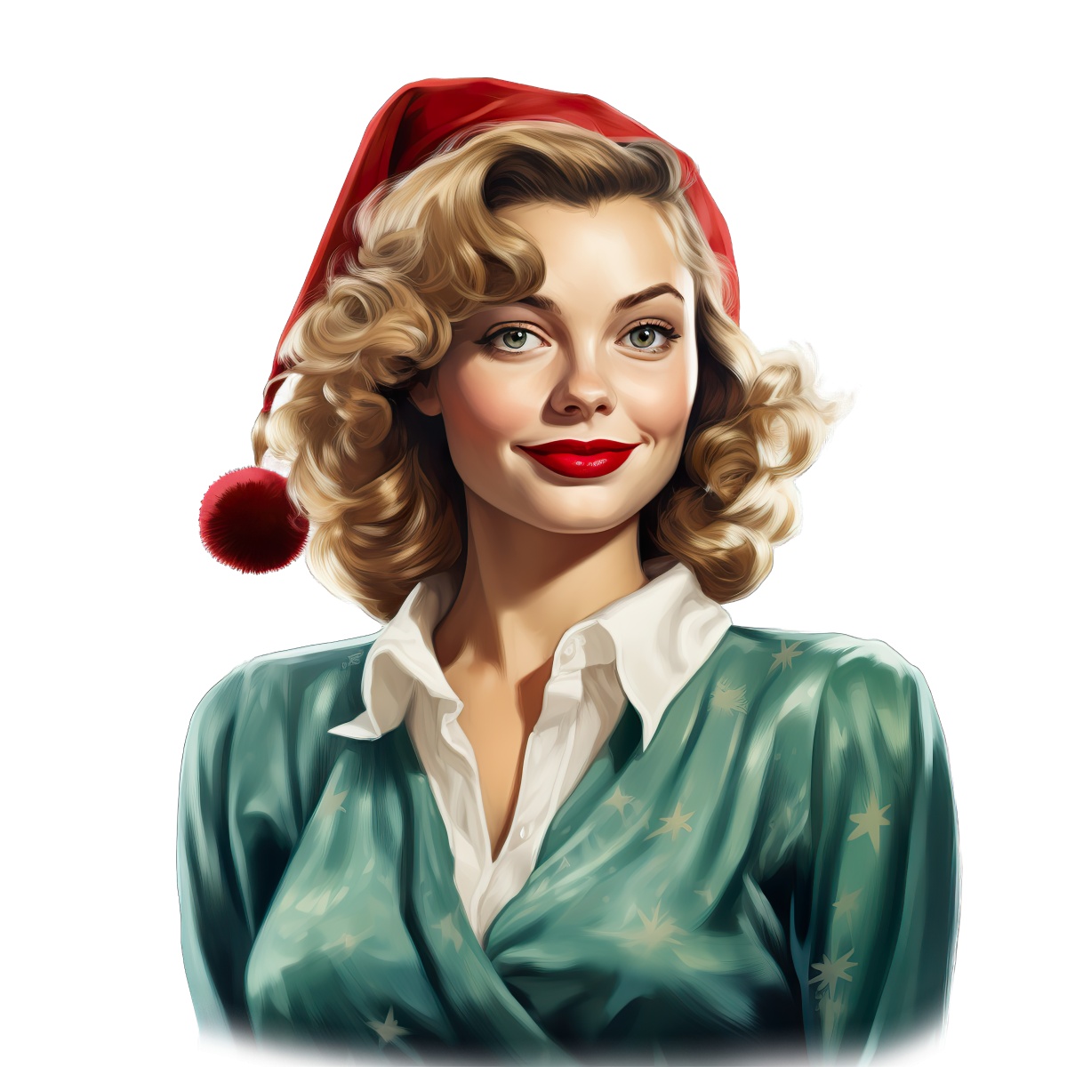 Vintage style woman wearing a Santa hat and green festive dress.