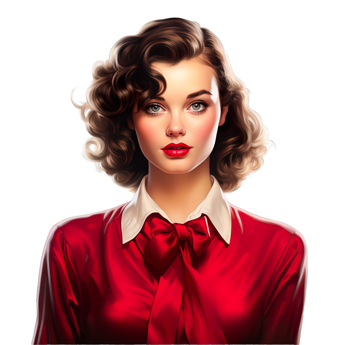 Portrait of a woman with curled retro hair and a red blouse.