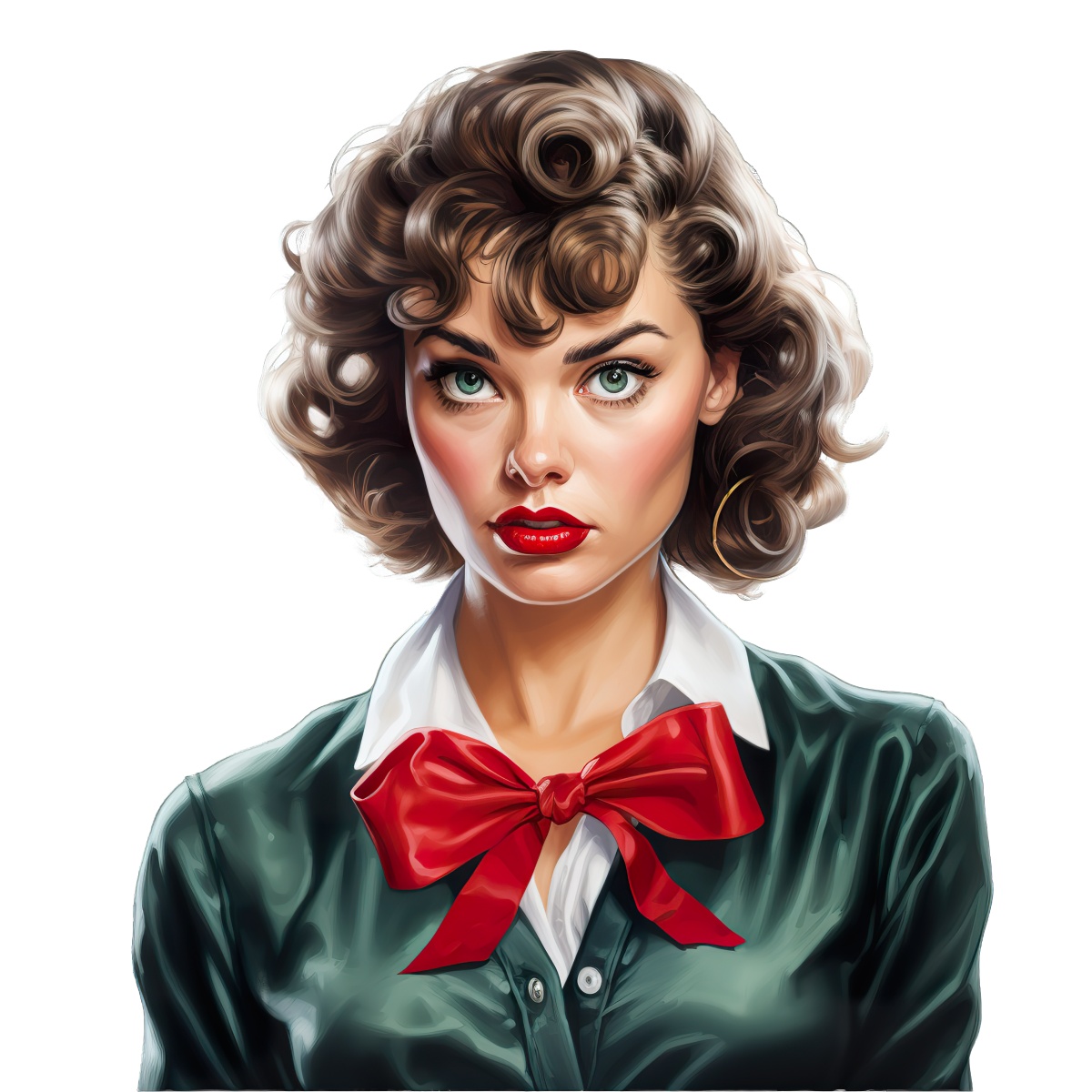 Vintage styled woman with curly hair and red bow wearing a green blouse.