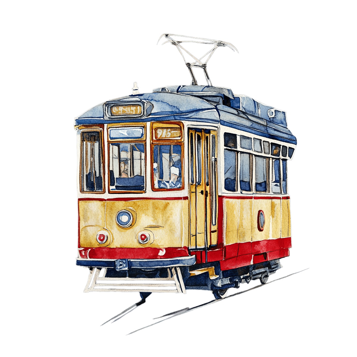 Vintage yellow and red tram depicted in watercolor style, front view.