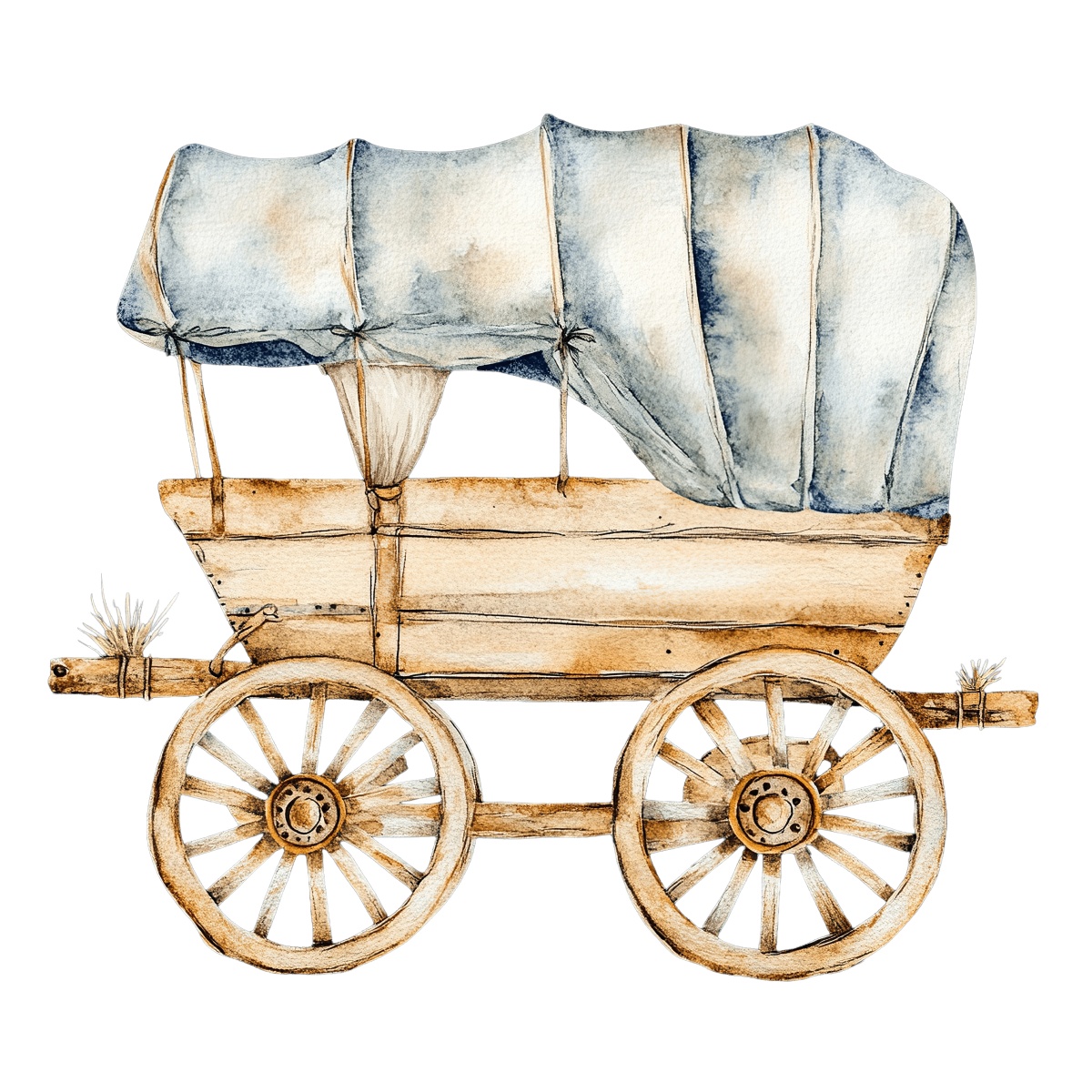 Vintage wooden covered wagon with large wheels and a fabric top.