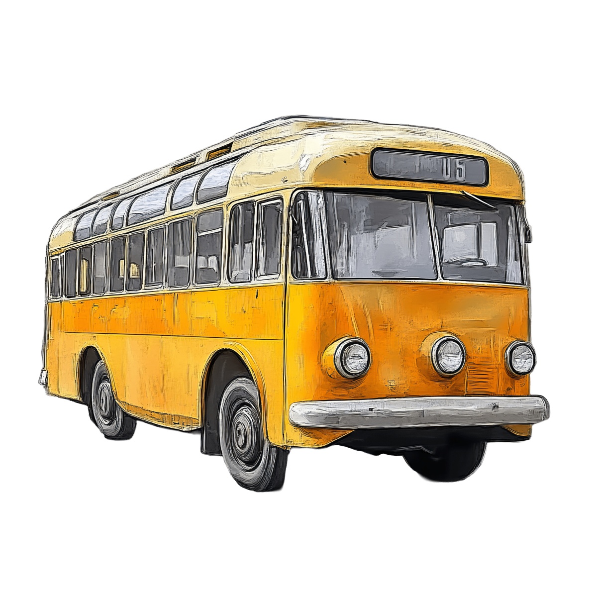 Illustration of a vintage yellow bus with large headlights and rounded edges.