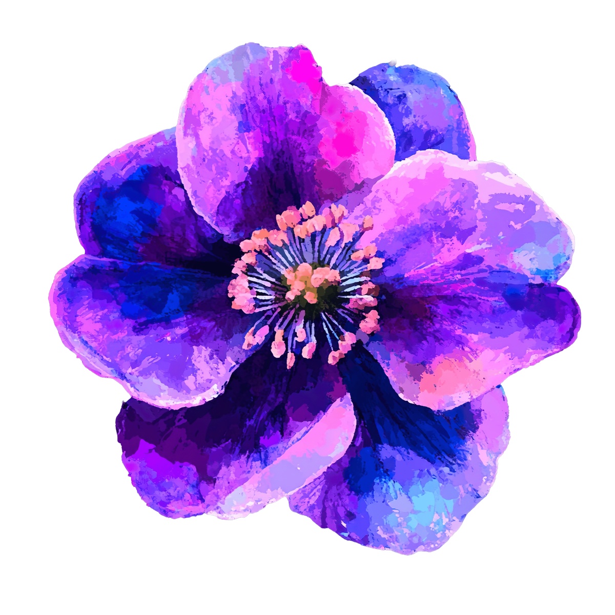Vivid purple and blue flower with detailed petals and central stamen.
