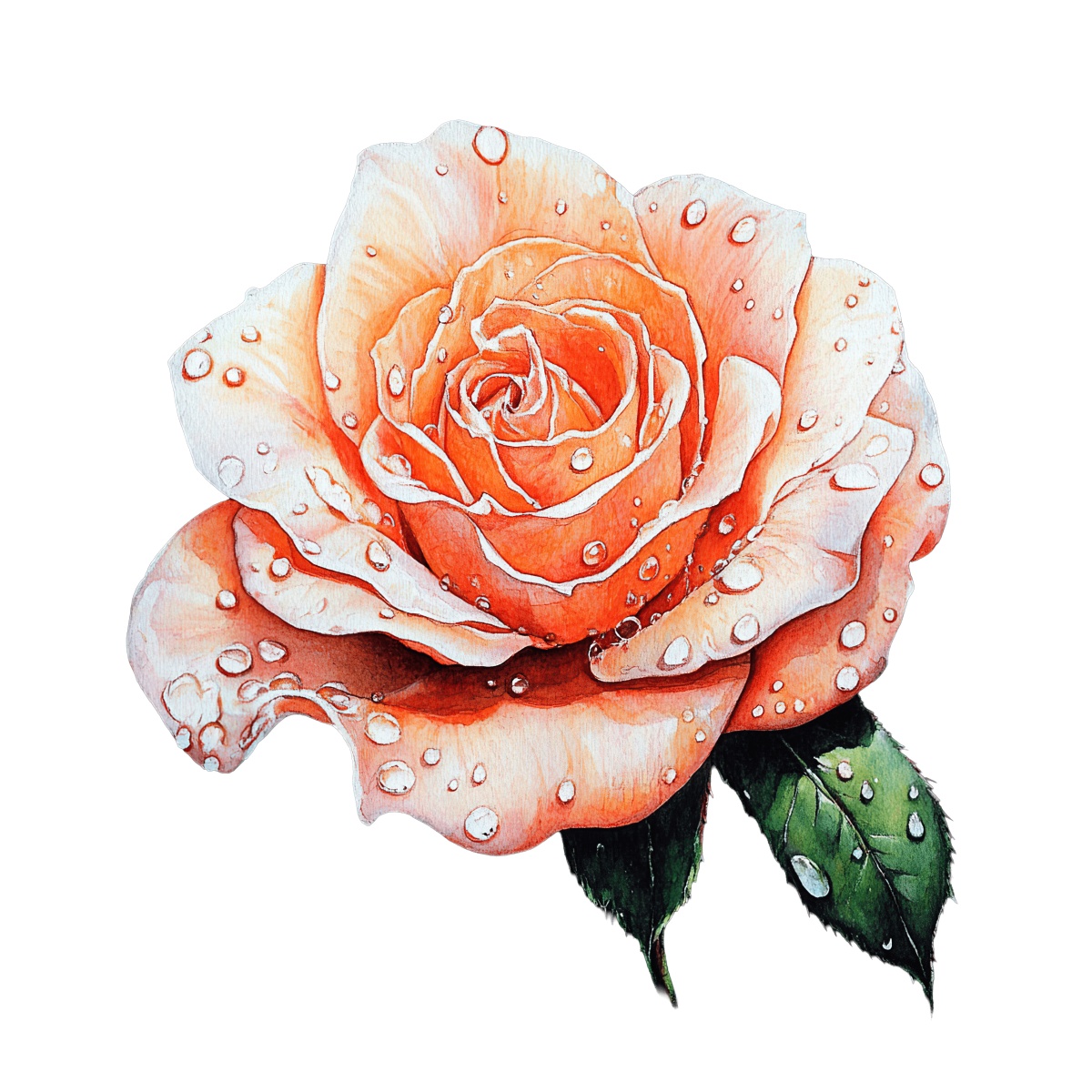 Peach rose with water droplets on petals and a green leaf.