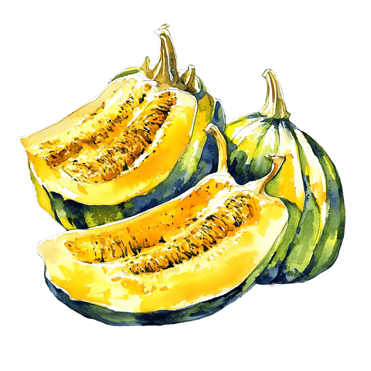 Watercolor art of acorn squash with halved and whole pieces.