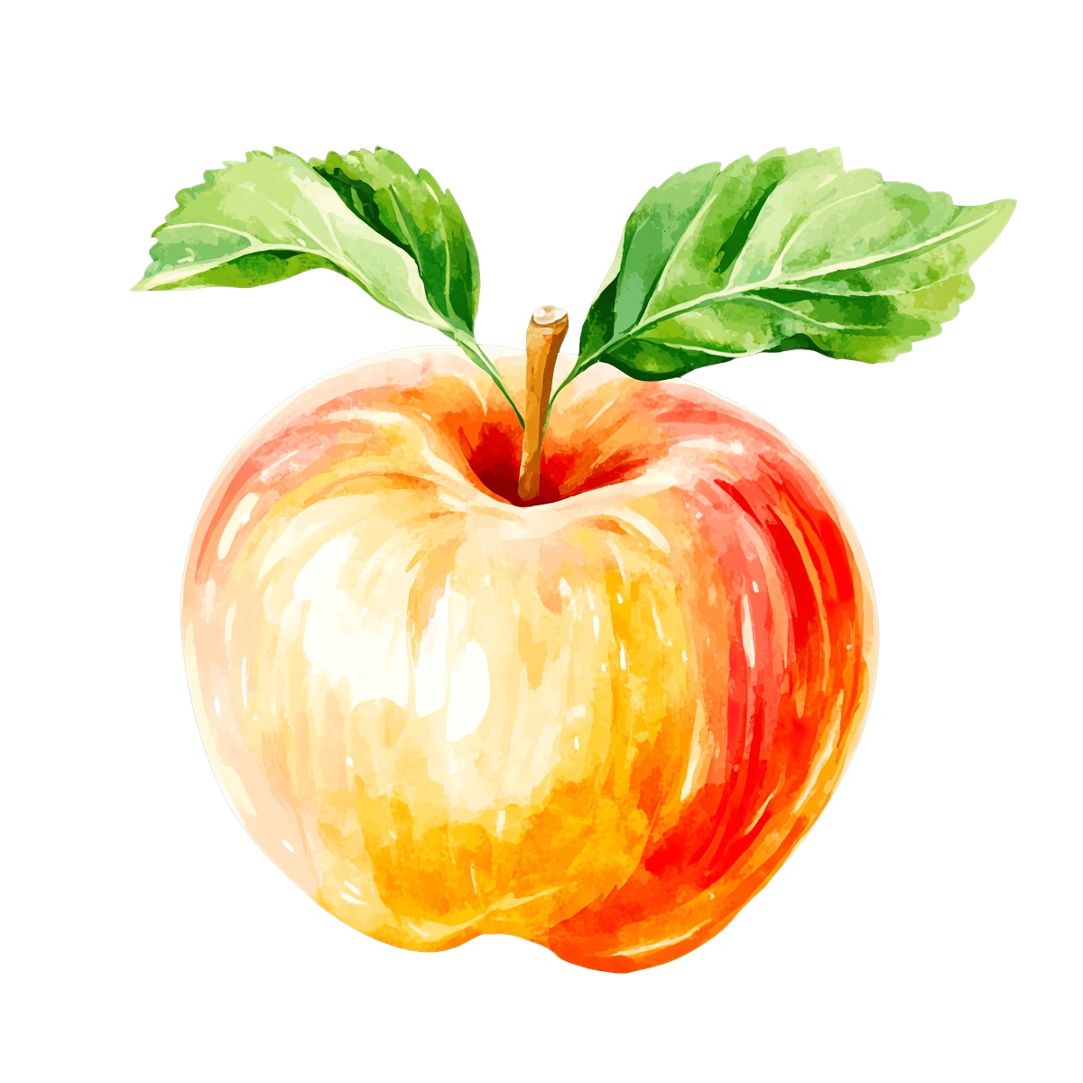 Watercolor apple with green leaves on a black background.