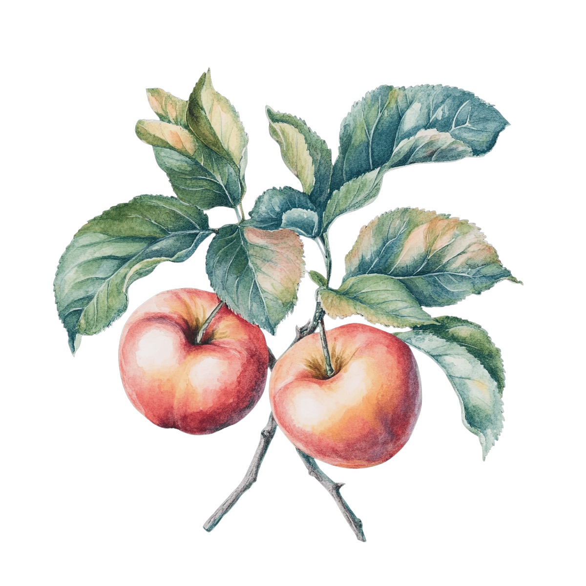 Watercolor apples with green leaves on a branch in detailed clipart.