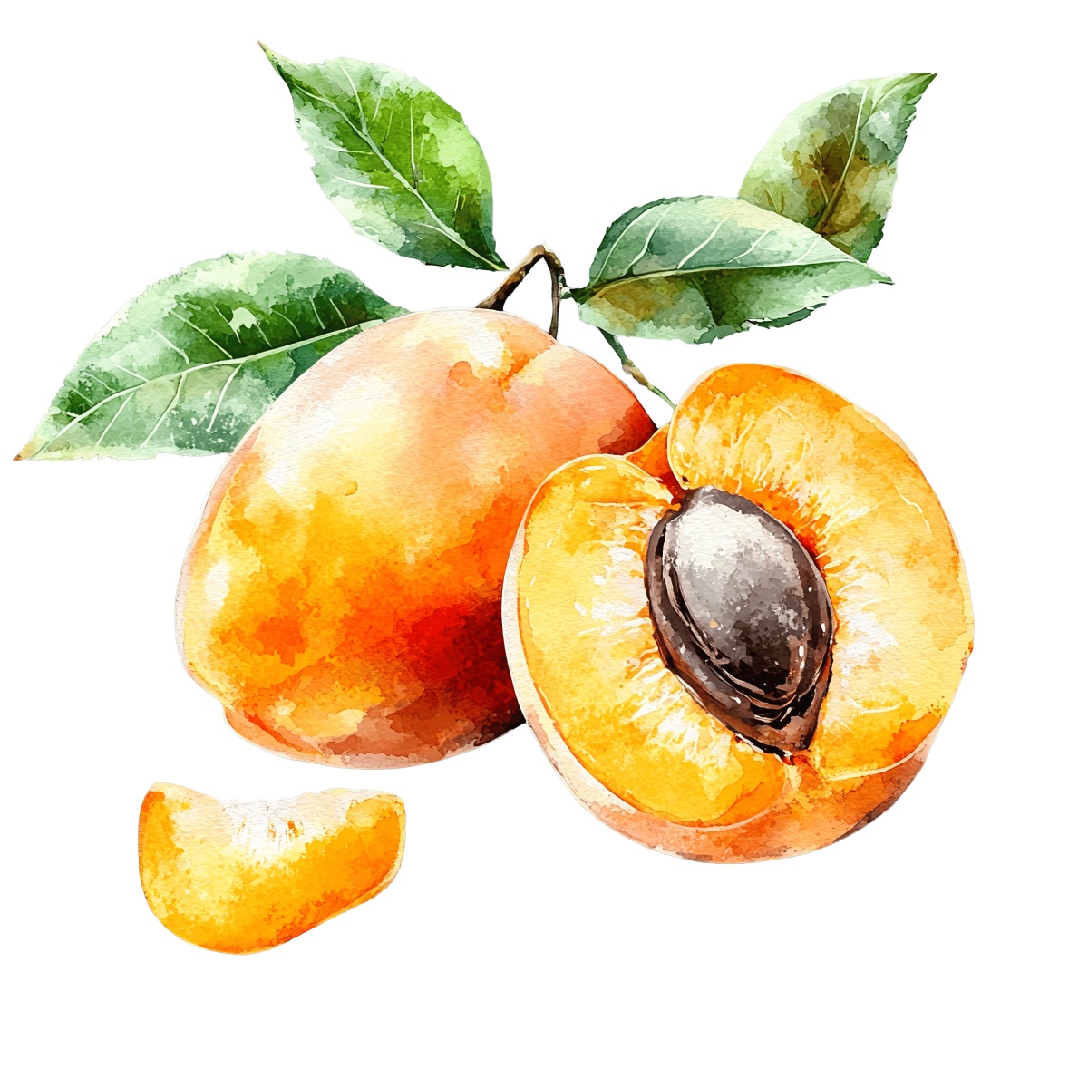 Watercolor apricot with leaves and seed.