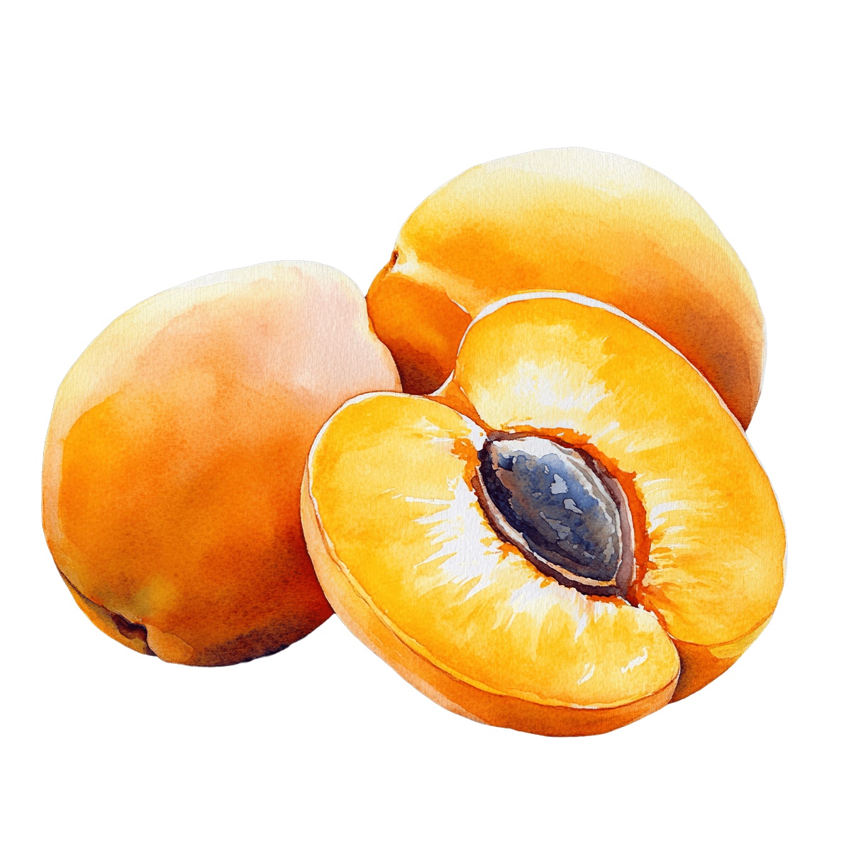 Watercolor art of apricots, including a halved fruit showing the seed.