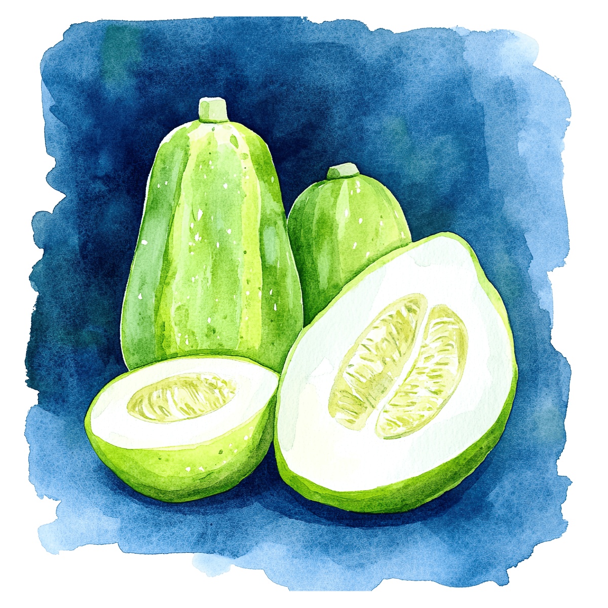 Watercolor art of a fresh green melon with slices on display.
