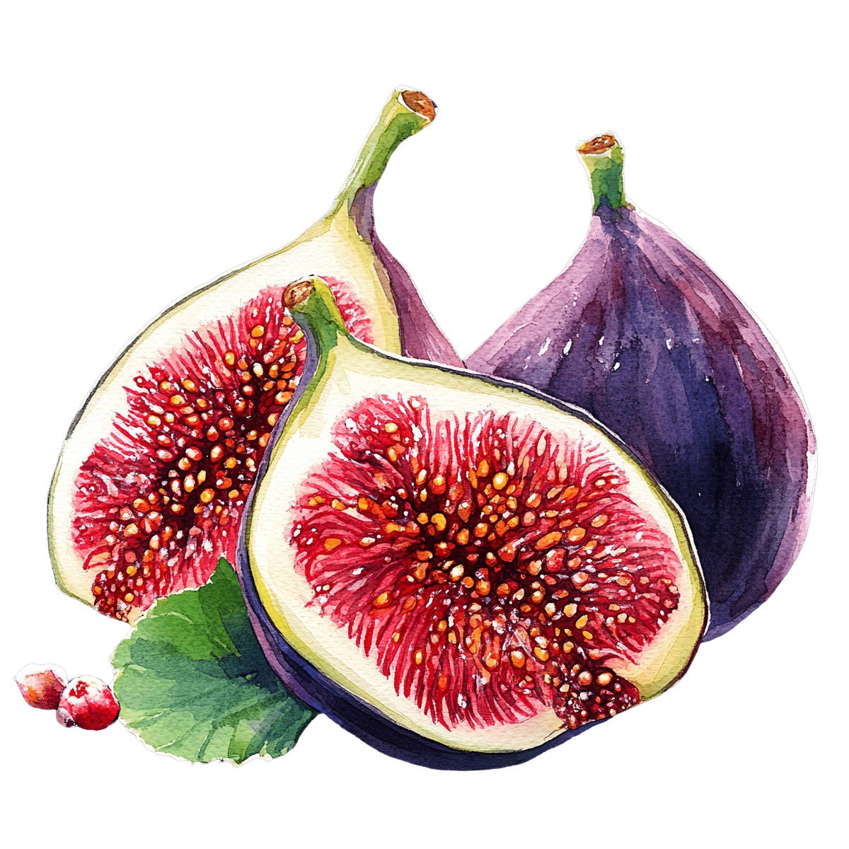 Watercolor art of whole and sliced figs with green leaves.