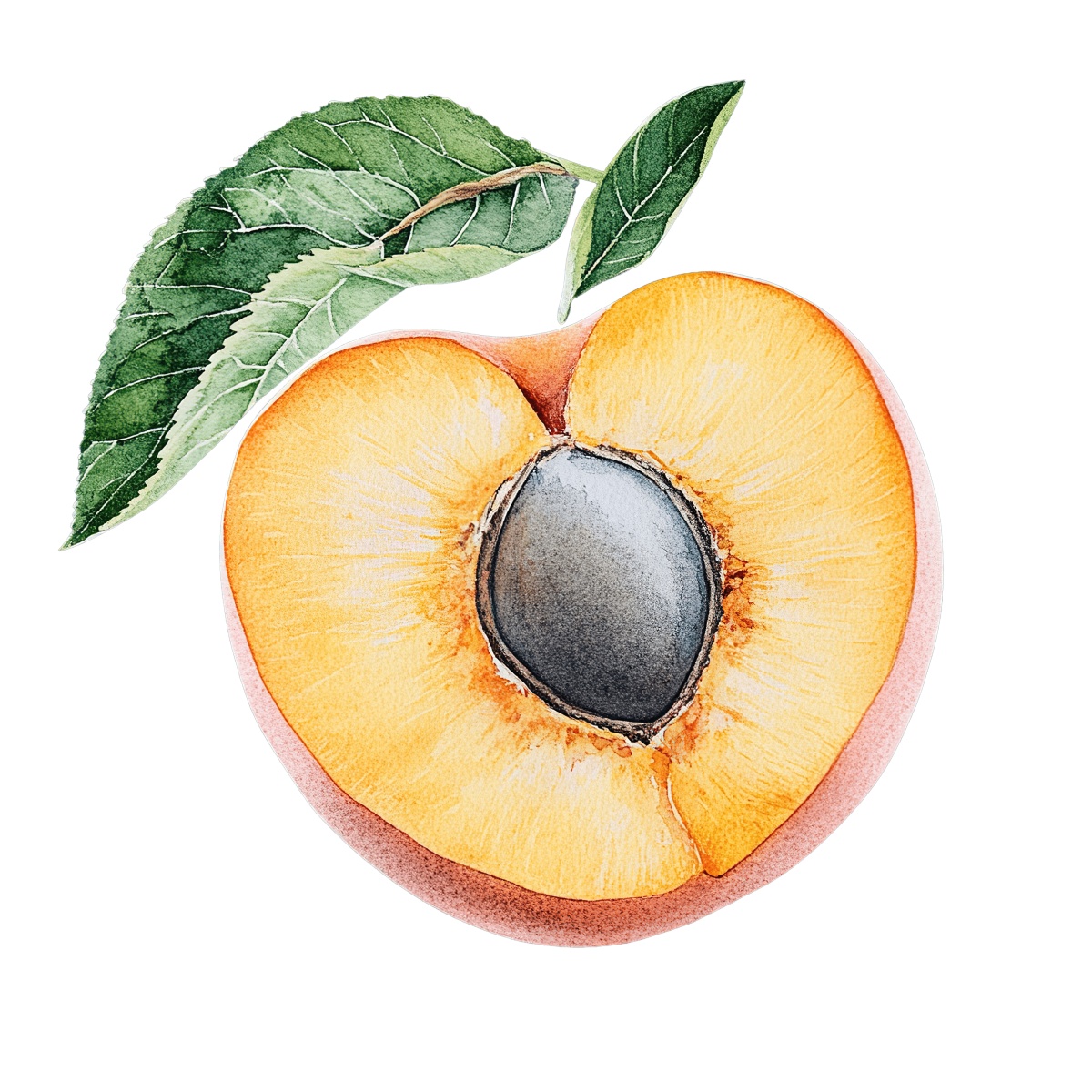 Watercolor style art of a halved peach with green leaves.