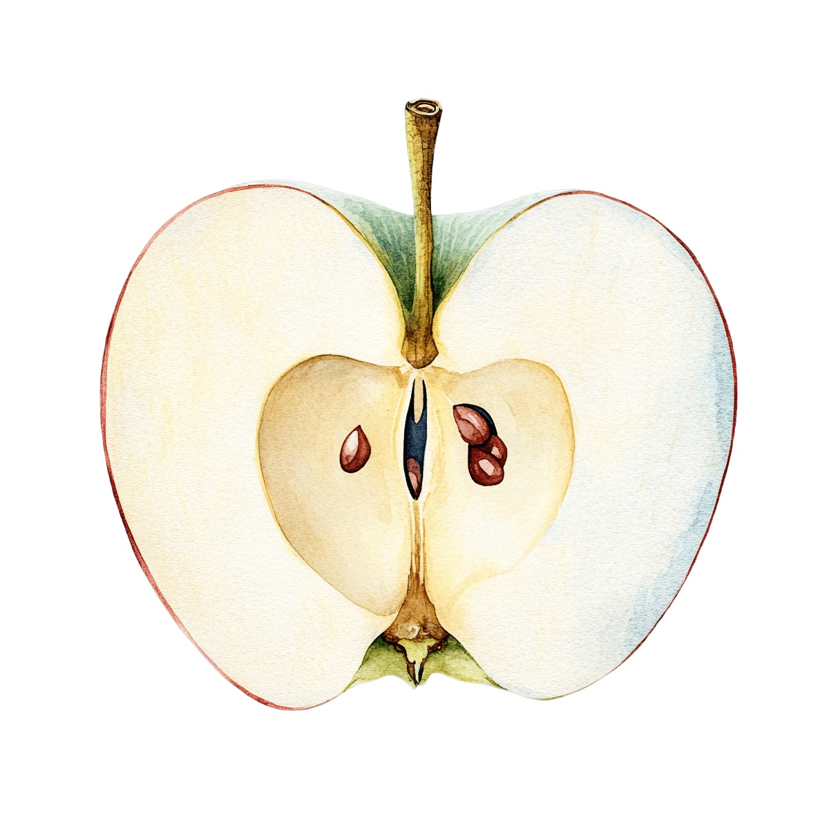 Watercolor art of a sliced apple with visible seeds and stem.