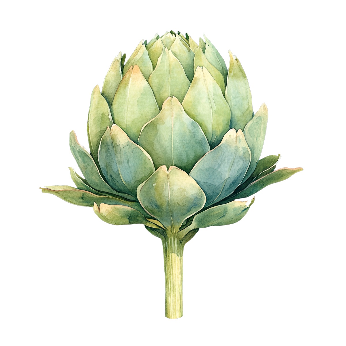 Watercolor artichoke with detailed green leaves and realistic texture.