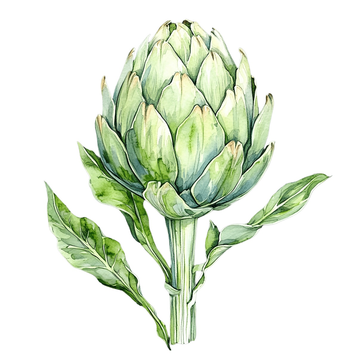 Watercolor artichoke with detailed leaves.