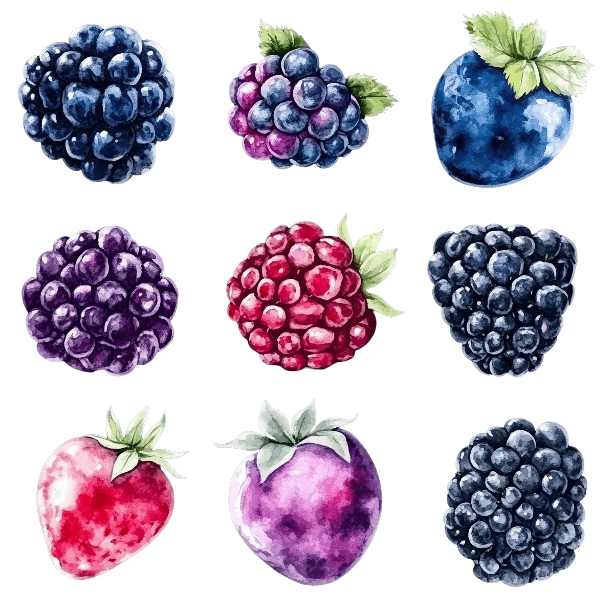 Watercolor illustrations of assorted berries.